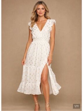 Lulus White Gold Polka Dot Midi Dress Ruffle Sleeve Tie Back Bridal Shower M